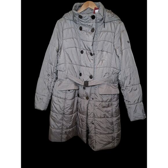 Diana Gallesi Quilted Gray Puffer Coat Parka Zip Up Knee Length LARGE Italy NWT - Picture 1 of 12